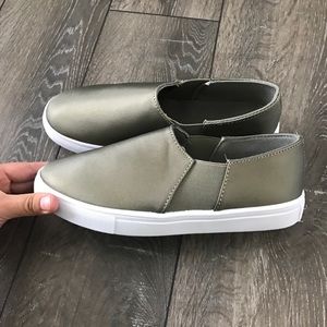 Olive Satin Slip-Ons